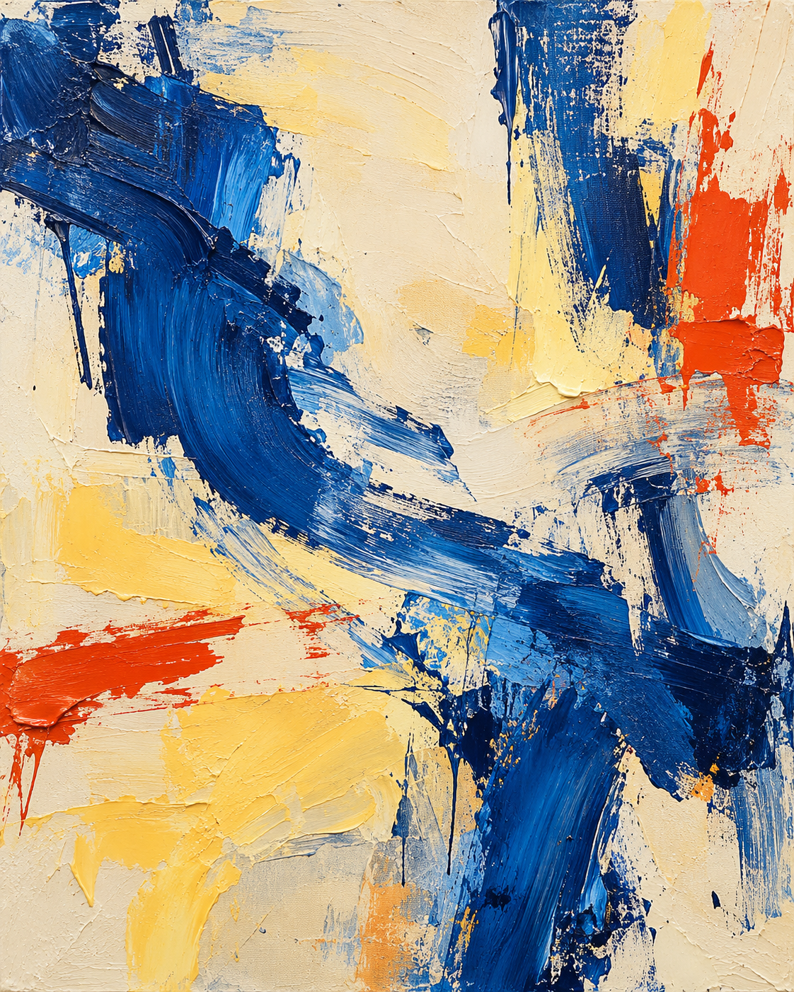 Sample abstract painting with vivid blue, red and yellow brushwork